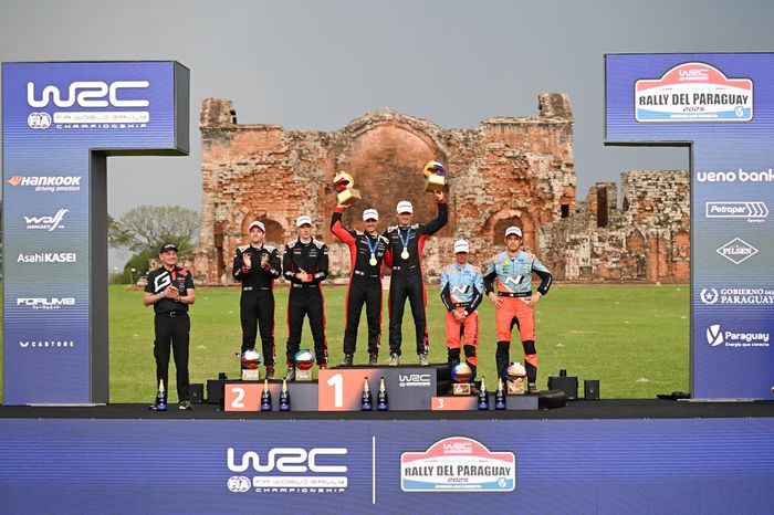 Podium: Winner Sébastien Ogier, Vincent Landais, Toyota Gazoo Racing WRT Toyota GR Yaris Rally1, second place  Elfyn Evans, Scott Martin, Toyota Gazoo Racing WRT Toyota GR Yaris Rally1, third place Thierry Neuville, Martijn Wydaeghe, Hyundai World Rally T