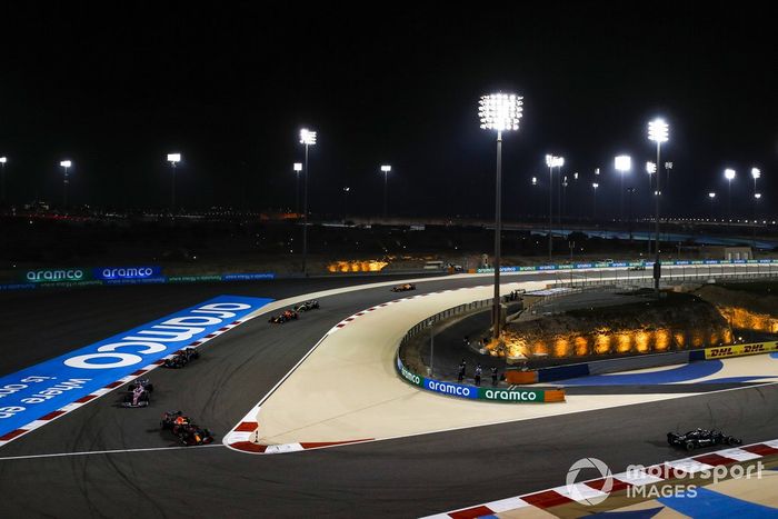 Lewis Hamilton, Mercedes F1 W11, Max Verstappen, Red Bull Racing RB16, Sergio Perez, Racing Point RP20, and Valtteri Bottas, Mercedes F1 W11