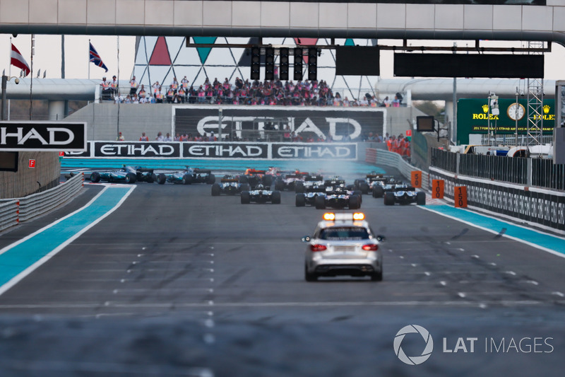 The Medical car drives in to the first corner at the start