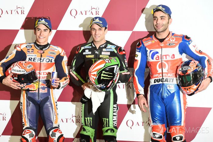 Los 3 mejores después de la calificación: Marc Marquez, Repsol Honda Team, Johann Zarco, Monster Yamaha Tech 3, Danilo Petrucci, Pramac Racing