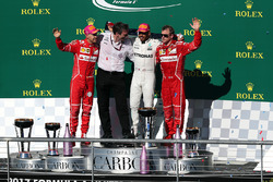 Race winner Lewis Hamilton, Mercedes AMG F1 celebrates on the podium alongside Sebastian Vettel, Ferrari, James Allison, Mercedes Technical Director and Kimi Raikkonen, Ferrari