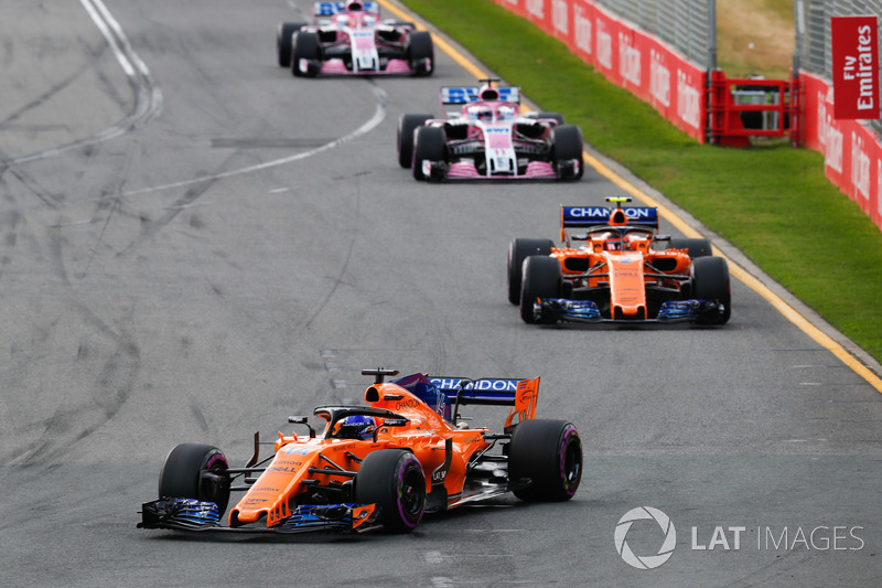 Fernando Alonso, McLaren MCL33 Renault, leads Stoffel Vandoorne, McLaren MCL33 Renault, Sergio Perez, Force India VJM11 Mercedes, and Esteban Ocon, Force India VJM11 Mercedes