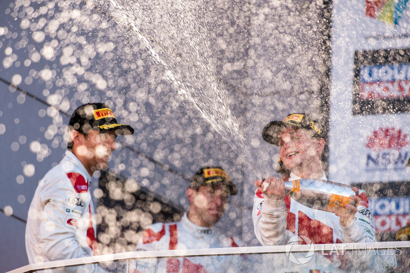 Podium: race winners Robin Frijns, Stuart Leonard, Dries Vanthoor, Audi Sport Team WRT celebrate with champagne