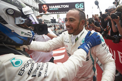 Valtteri Bottas, Mercedes AMG F1, and Race winner Lewis Hamilton, Mercedes AMG F1, celebrate in Parc Ferme
