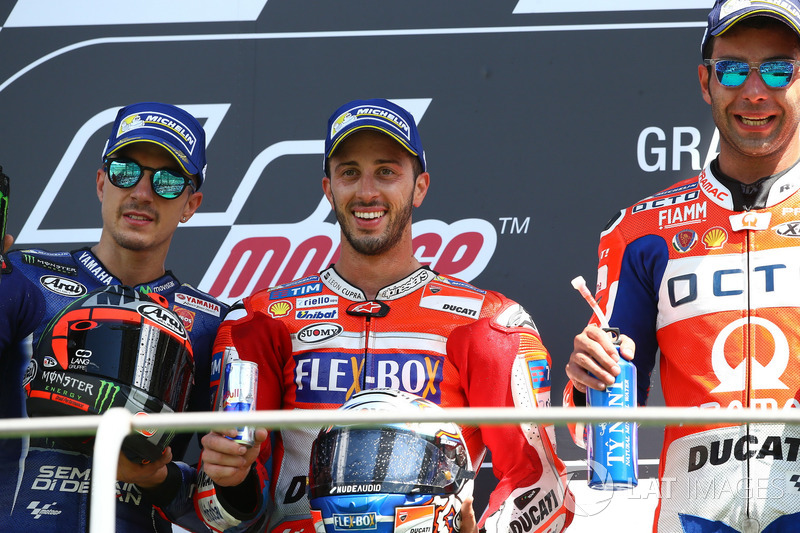 Podium: second place Maverick Viñales, Yamaha Factory Racing, Race winner Andrea Dovizioso, Ducati Team, third place Danilo Petrucci, Pramac Racing