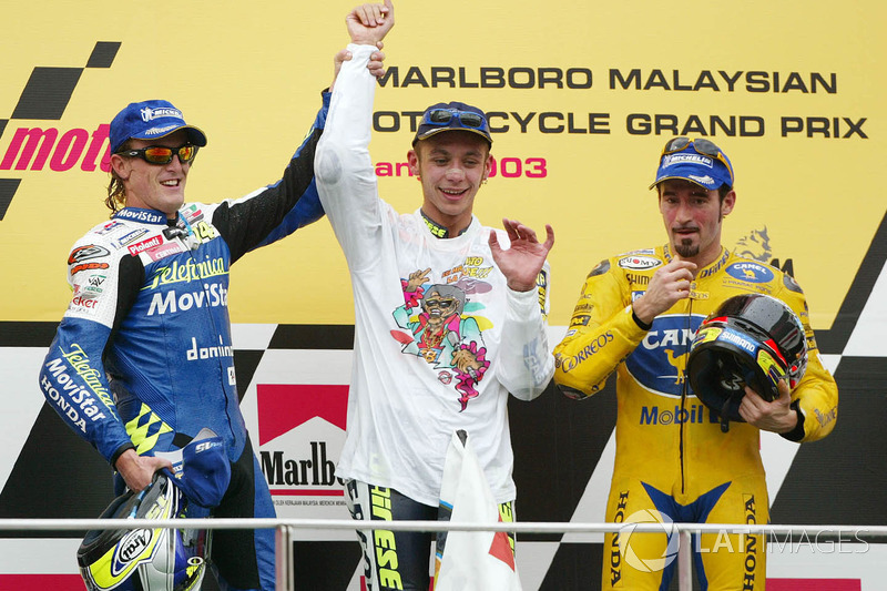 Race winner and World Champion Valentino Rossi, second place Sete Gibernau, third place Max Biaggi