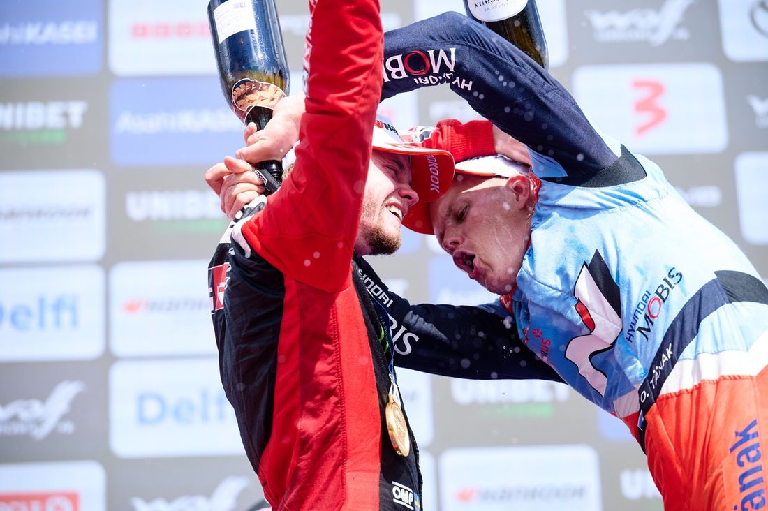 Podium: Oliver Solberg, Toyota Gazoo Racing WRT, Ott Tänak, Hyundai World Rally Team.