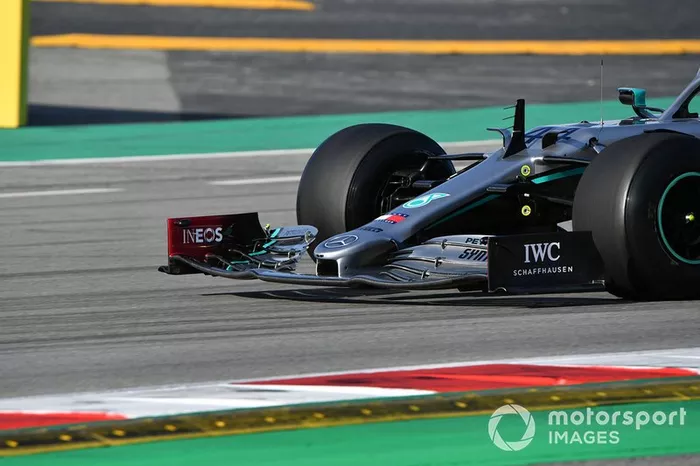 The front wing on Lewis Hamilton's Mercedes F1 W11 