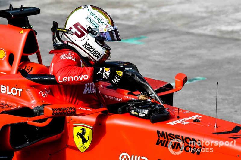 Sebastian Vettel, Ferrari, climbs out of his car after Qualifying