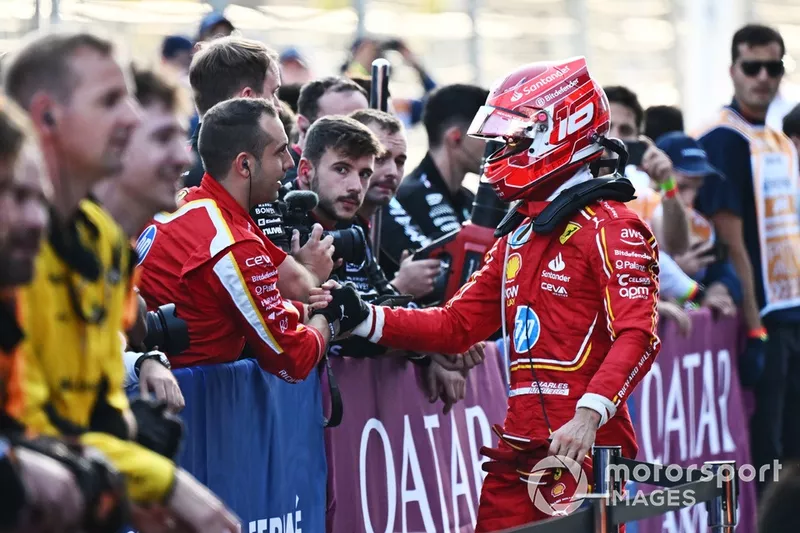 Charles Leclerc, Scuderia Ferrari, 2ème position, fête au Parc Ferme 
