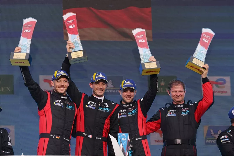 Podium: Race winner #6 Porsche Penske Motorsport Porsche 963: Kevin Estre, Andre Lotterer, Laurens Vanthoor