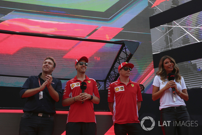 Sebastian Vettel, Ferrari and Kimi Raikkonen, Ferrari on stage at the Fan Zone with Davide Valsecchi, Sky Italia and Federica Masolin. Sky Italia Presenter