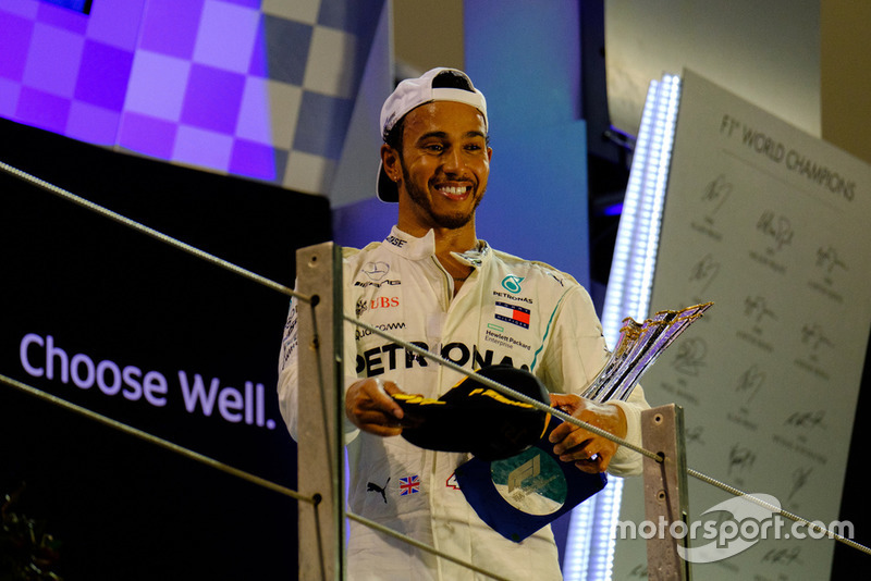Lewis Hamilton, Mercedes AMG F1, 1st position, with his trophy