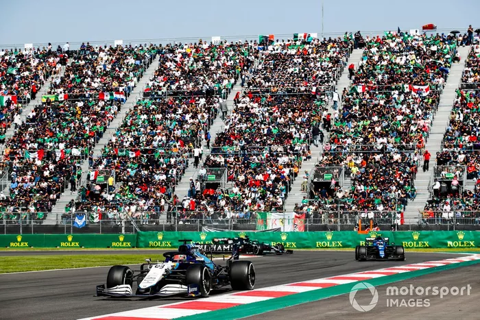 George Russell, Williams FW43B, Esteban Ocon, Alpine A521, Lance Stroll, Aston Martin AMR21