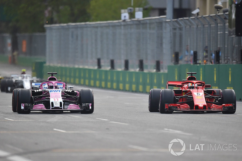 Sebastian Vettel, Ferrari SF71H, Sergio Perez, Force India VJM11