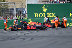The crashed cars of Max Verstappen, Red Bull Racing RB14 and Daniel Ricciardo, Red Bull Racing RB14