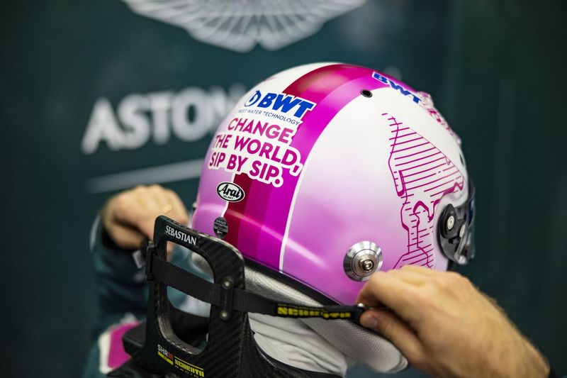 Sebastian Vettel, Aston Martin with his helmet