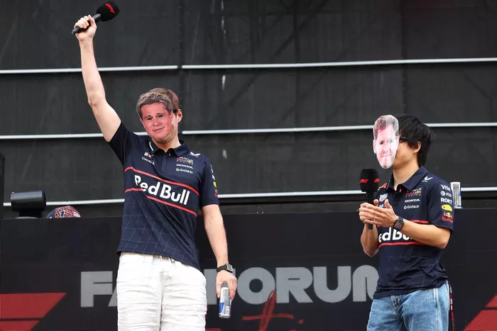 Max Verstappen, Red Bull Racing wears a Brad Pitt face mask, Yuki Tsunoda, Red Bull Racing Team wears a Sebastian Vettel face mask