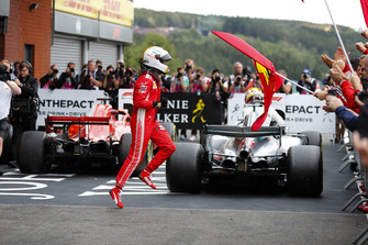 Sebastian Vettel, Ferrari, celebrates victory in parc ferme