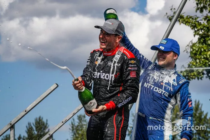 Will Power, Team Penske Chevrolet, Felix Rosenqvist, Chip Ganassi Racing Honda celebra