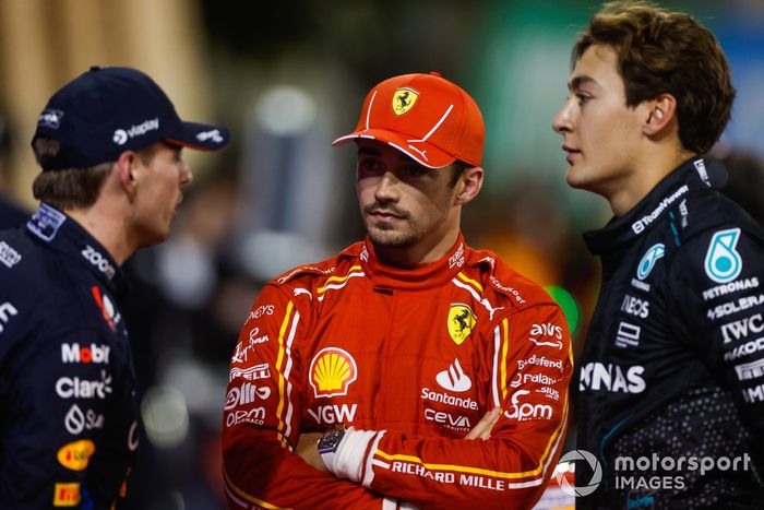 Pole man Max Verstappen, Red Bull Racing, Charles Leclerc, Scuderia Ferrari, George Russell, Mercedes-AMG F1 Team.