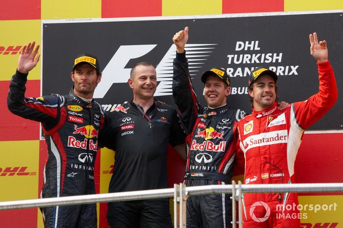Podio del GP de Turquía 2011: 1. Sebastian Vettel, Red Bull Racing, 2. Mark Webber, Red Bull Racing, 3. Fernando Alonso, Ferrari