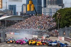 #28: Romain Grosjean, Andretti Autosport Honda, #3: Scott McLaughlin, Team Penske Chevrolet, #10: Alex Palou, Chip Ganassi Racing Honda, #26: Colton Herta, Andretti Autosport w/ Curb-Agajanian Honda