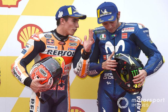 Pole sitter Marc Marquez, Repsol Honda Team, third place Valentino Rossi, Yamaha Factory Racing