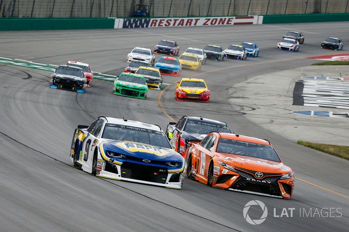 Chase Elliott, Hendrick Motorsports, Chevrolet Camaro NAPA Auto Parts, Daniel Suarez, Joe Gibbs Racing, Toyota Camry ARRIS, and Alex Bowman, Hendrick Motorsports, Chevrolet Camaro Axalta