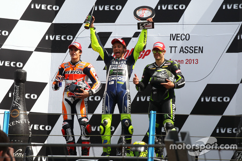 Podium: second place Marc Marquez; Winner Valentino Rossi; third place Cal Crutchlow