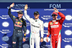 Qualifying top three in parc ferme (L to R): Max Verstappen, Red Bull Racing, second; Nico Rosberg, Mercedes AMG F1, pole position; Kimi Raikkonen, Ferrari, third
