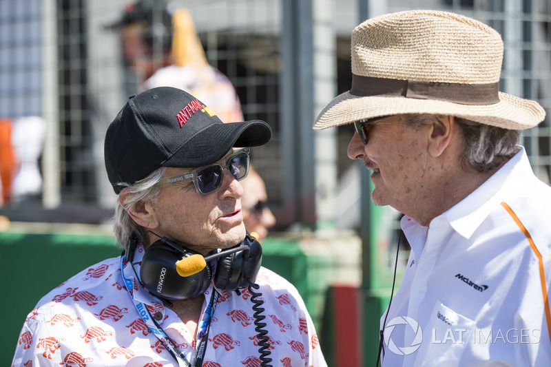 actor michael douglas with mansour ojjeh, co-owner, mclaren