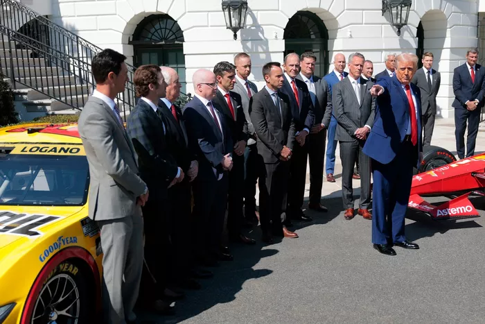 U.S. President Donald Trump, Roger Penske, Joey Logano, Ryan Blaney