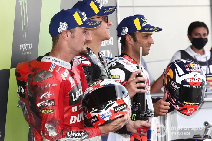 Ganador de la pole Fabio Quartararo, Yamaha Factory Racing, segundo Jack Miller, Ducati Team, tercero Johann Zarco, Pramac Racing 