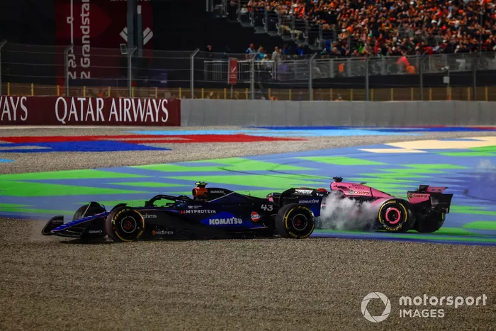 Franco Colapinto, Williams FW46, Esteban Ocon, Alpine A524, collide on the opening lap