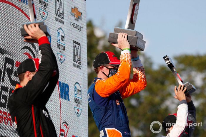 Will Power, Team Penske Chevrolet, Scott Dixon, Chip Ganassi Racing Honda, Alex Palou,  Dale Coyne Racing with Team Goh Honda, podium