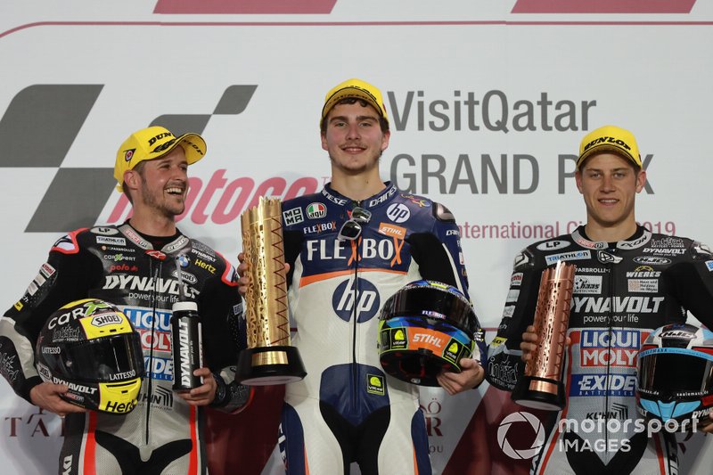 Podio: il secondo classificato Thomas Luthi, Intact GP, il vincitore Lorenzo Baldassarri, Pons HP40, il terzo classificato Marcel Schrotter, Intact GP