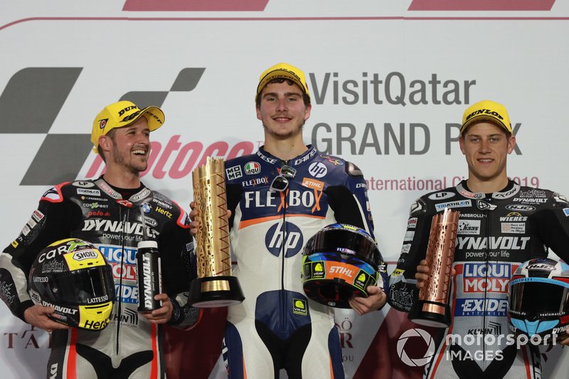 Podium: second place Thomas Luthi, Intact GP, Race winner Lorenzo Baldassarri, Pons HP40, third place Marcel Schrotter, Intact GP