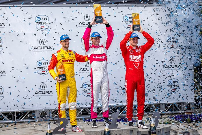 Ganador, Kyle Kirkwood, Andretti Autosport Honda, 2º, Romain Grosjean, Andretti Autosport Honda, 3º, Marcus Ericsson, Chip Ganassi Racing Honda