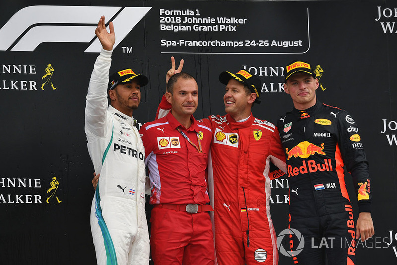 Lewis Hamilton, Mercedes AMG F1, David Sanchez, Ferrari, Sebastian Vettel, Ferrari and Max Verstappen, Red Bull Racing celebrate on the podium