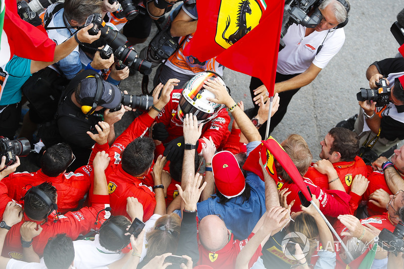 Sebastian Vettel, Ferrari, celebrates victory in parc ferme