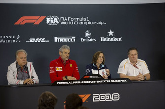 (L to R): Gene Haas, Founder and Chairman, Haas F1 Team, Maurizio Arrivabene, Ferrari Team Principal, Claire Williams, Williams Deputy Team Principal and Zak Brown, McLaren Racing CEO in Press Conference