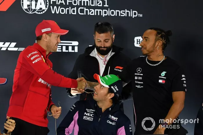 Sebastian Vettel, Ferrari, Sergio Perez, Racing Point and Lewis Hamilton, Mercedes AMG F1 in the Press Conference