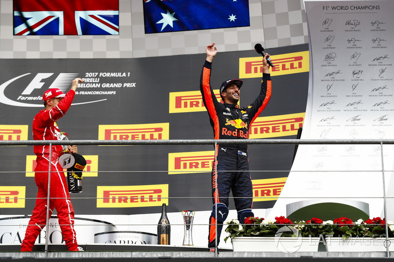 Podium: second place Sebastian Vettel, Ferrari, third place Daniel Ricciardo, Red Bull Racing