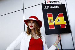 Grid girl holding Fernando Alonso's grid board