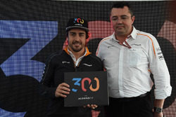 Fernando Alonso, McLaren celebrates his 300th GP with Eric Boullier, McLaren Racing Director
