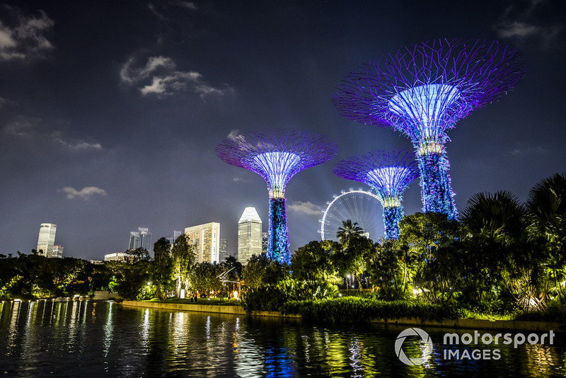 Alberi illuminati e lo skyline di Singapore