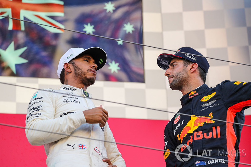 Race winner Lewis Hamilton, Mercedes AMG F1 and Daniel Ricciardo, Red Bull Racing celebrate on the podium