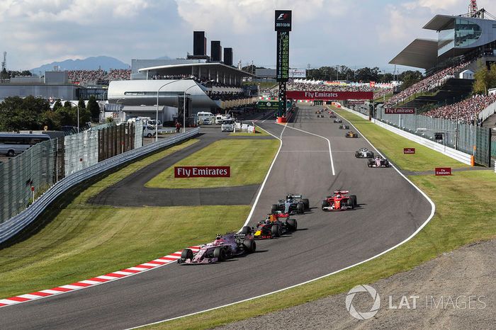 Esteban Ocon, Sahara Force India VJM10, Daniel Ricciardo, Red Bull Racing RB13, Valtteri Bottas, Mercedes-Benz F1 W08  and Sebastian Vettel, Ferrari SF70H