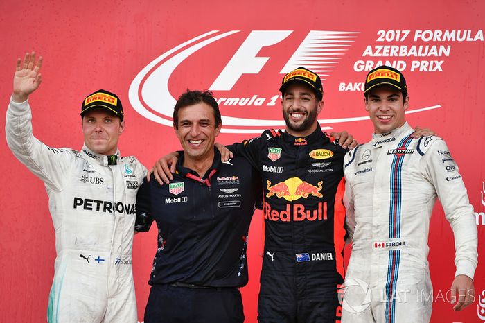 12- GP de Azerbaiyán 2017 (24 años, 9 meses y 27 días): 3º Lance Stroll, 2º Valtteri Bottas, 1º Daniel Ricciardo